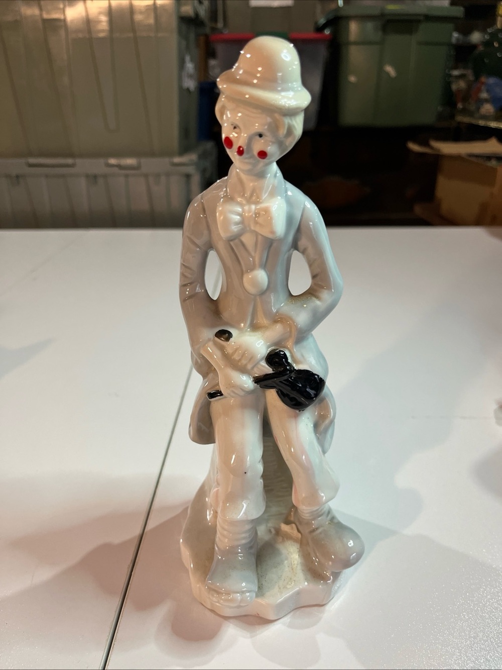 White Ceramic Clown Figurine with Black and Red Accents - Unbranded